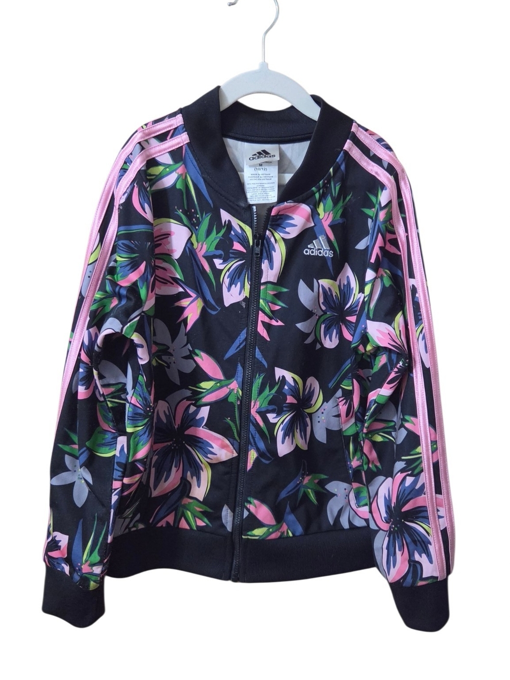 Adidas Women's Black Floral Track Jacket with Pink Stripes